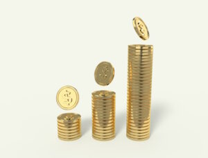 Three piles of golden coins, from small to large