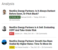 Renewable energy companies: Headlines of 3 articles on Seeking Alpha about NextEra showing very different opinions about how it should be rated