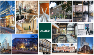 Allied Protperties REIT (AP.UN.TO) logo and several pictures of properties